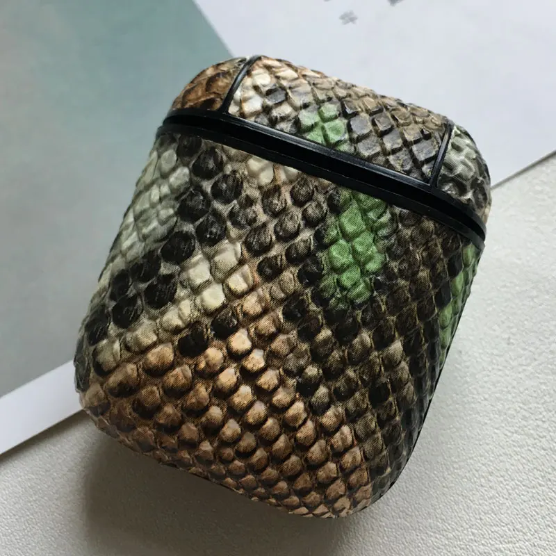 Snake-Yellow Green Змеиная кожа наушники из искусственной кожи чехол для Apple Airpods Bluetooth гарнитура защитный противоударный чехол для Air Pods сумки для хранения - Цвет: Snake-Yellow Green