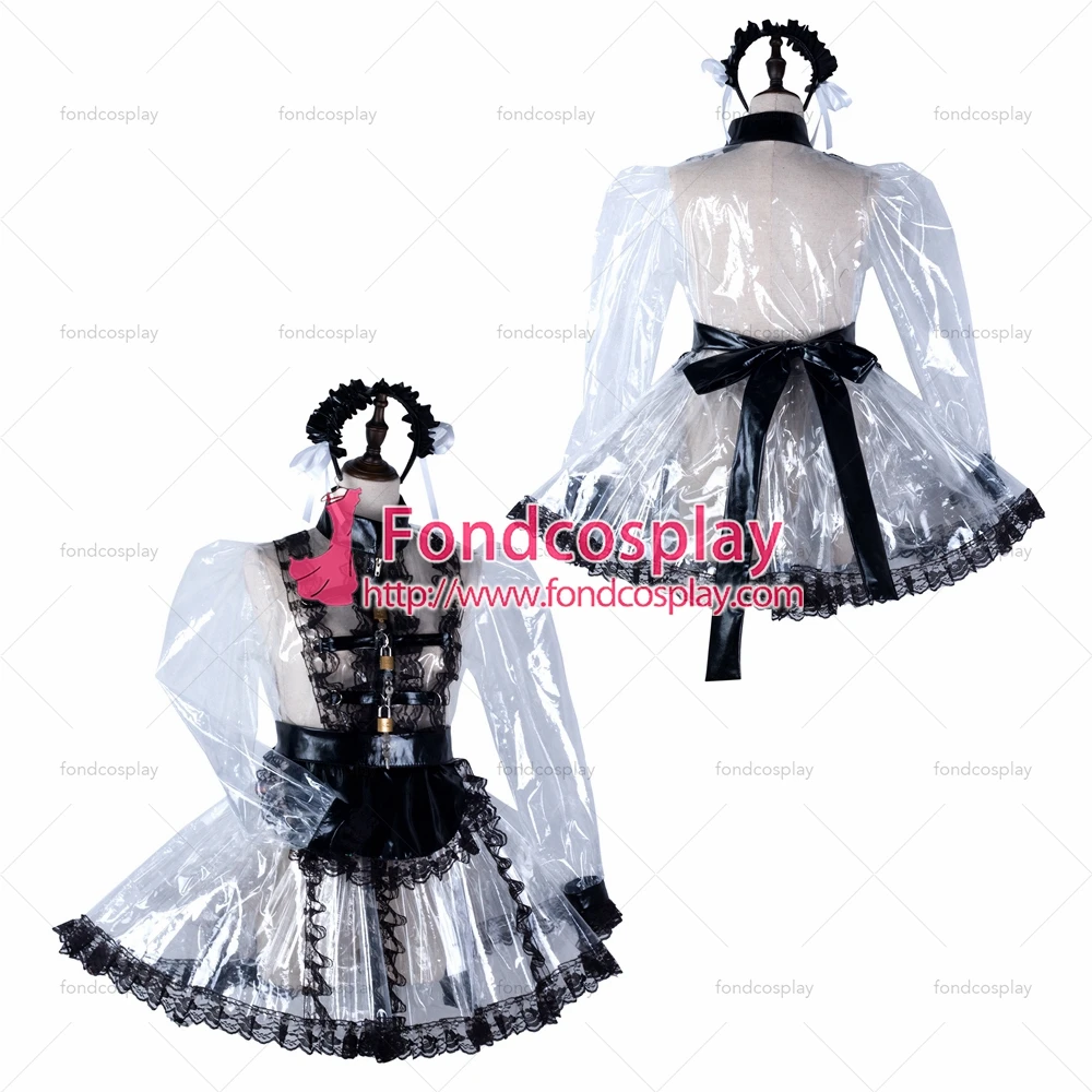

fondcosplay adult sexy cross dressing sissy maid short clear pvc dress lockable Uniform black apron costume Tailor-made[G2295]