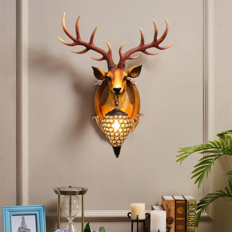 

Vintage Antler Resin Wall Lamp Creative Retro Deer Wall Lights Living Room Bedroom Bedside Lamp Corridor Background Sconce Lamp