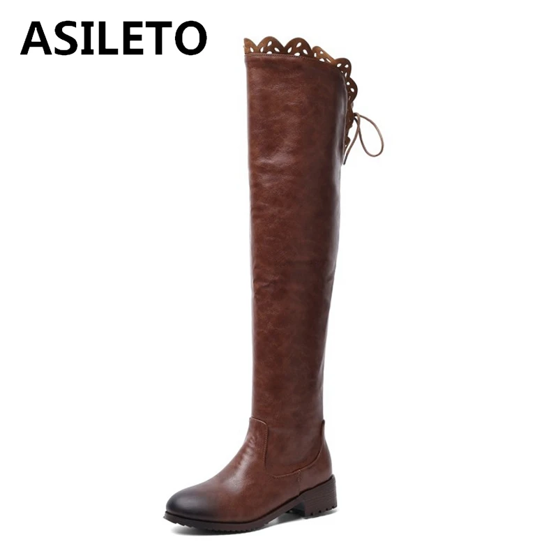 

ASILETO Woman Slim Sexy Winter Over Knee Boots Round Toe Square Heel Zipper Slip on Lace Big size 34-48 Black Casual S1767