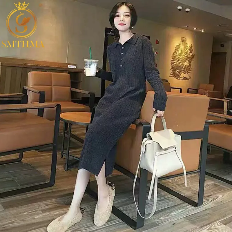 женский новый осенне зимний пуловер Длинный свитер платье длинный рукав вязаный