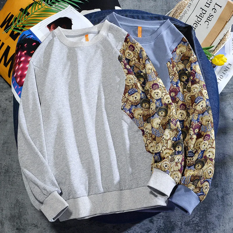

Fall 2021new Patchwork Bear Embroidery Long-Sleeved Shirt Loose Men Clothing