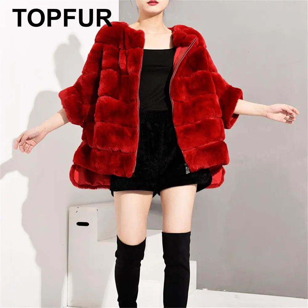Женская зимняя куртка TOPFUR красная Свободная из натурального меха с рукавом