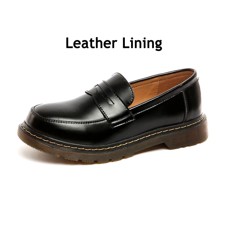 Black Leather Lining Женские туфли-оксфорды в британском стиле ретро; обувь из натуральной кожи; женская обувь на плоской подошве без застежки; женские туфли на плоской подошве с круглым носком; женские лоферы; оксфорды - Цвет: Black Leather Lining