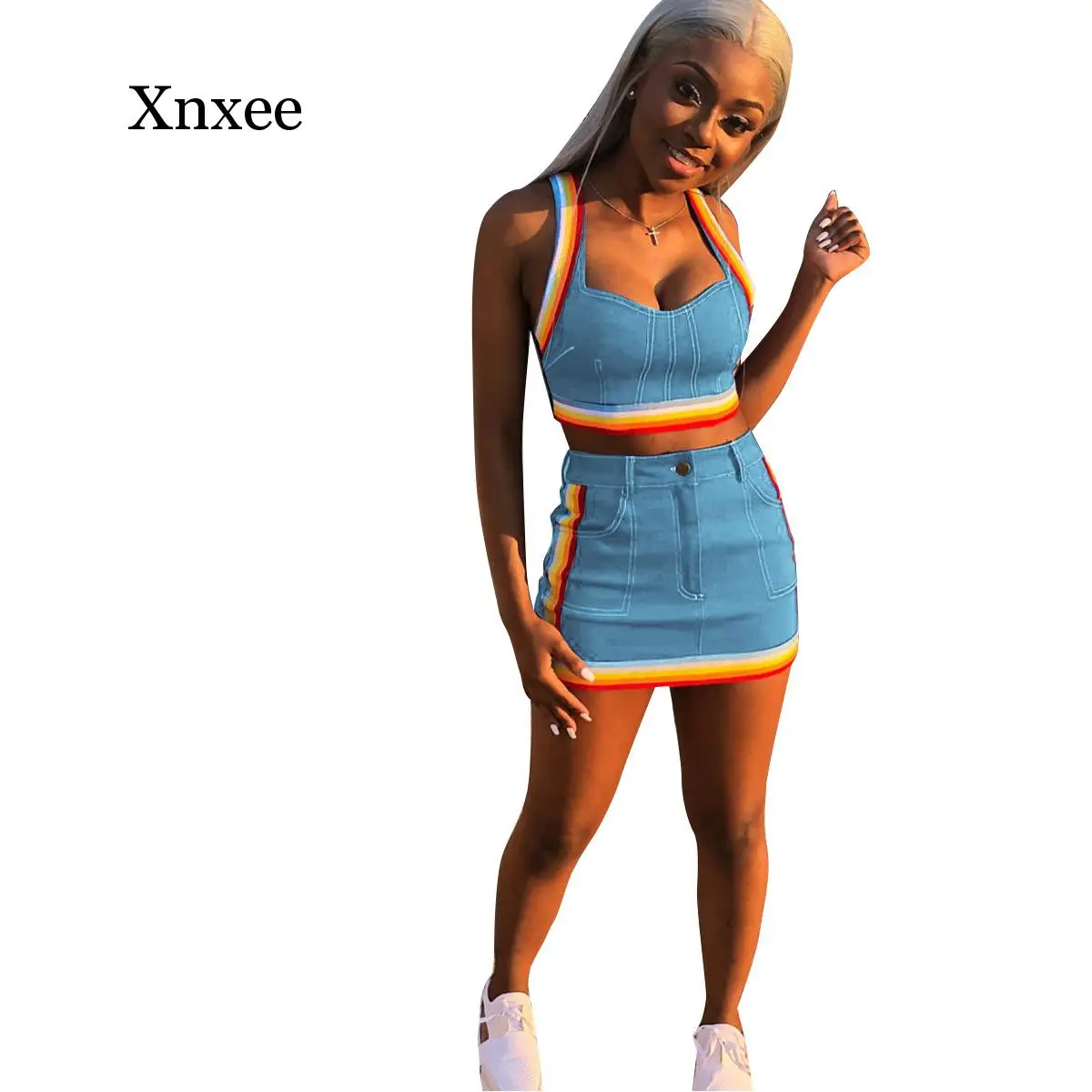 

hip pop 2 Two Piece Set Summer Denim Skirt Set Sleeveless Jeans Crop Top + Mini Skirt Suit Blue Denim Matching Set Outfit OL