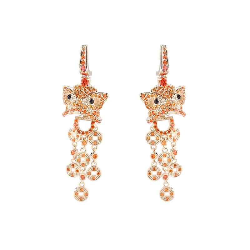 

Vintage Micro Pave Orange Cubic Zirconia Lion Coin Dangle Earrings For Women Jewelry, Animal Tassel Earings Woman Accessories