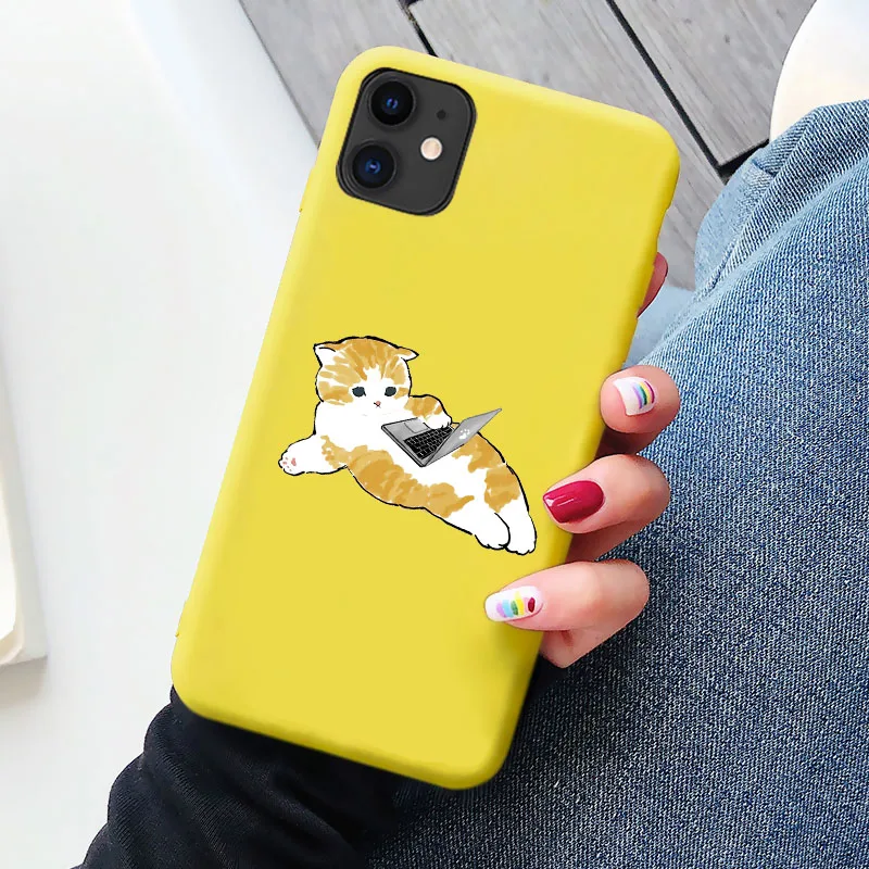 

Yellow Funny Cat Phone Case For iPhone 11 12 13 pro X XS Max XR Soft Silicone Cute Cartoon Cover For iPhone 7 8 6s Plus se 2020