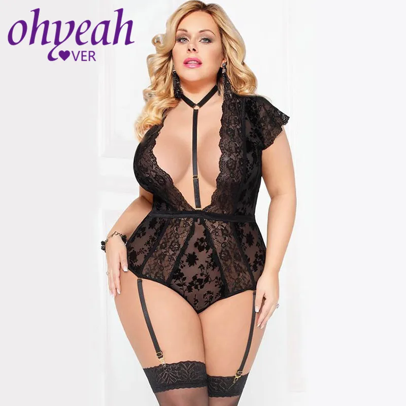 

Ohyeahlover V Neck Sexy Bodysuit Transparent Erotic Lace Body Suit Floral Short Sleeve Teddy Lingerie Women Body Mujer RL80560