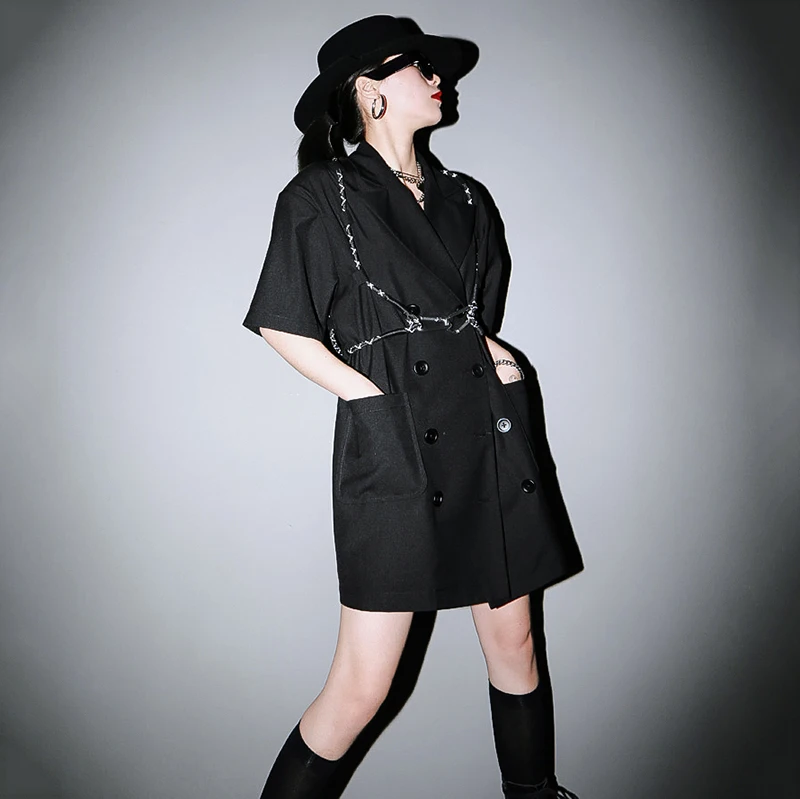 [EAM] женский черный блейзер с пряжкой на пуговицах большой размер новая свободная