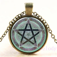 pentagram wicca retrphoto cabochon glass chain necklacecharm women pendants fashion jewelry gift a648