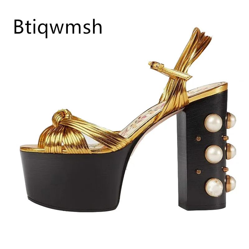 

Gold Leather Platform Sandals Women Open Toe Weave Butterfly Knot Pearl Square High Heels Shoes Woman Sexy Runway Shoes