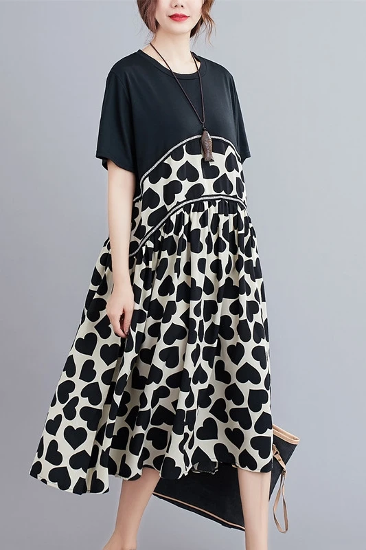 

COIGARSAM Patchwork Women dress New Summer Short Sleeve Loose Dresses Black 9012