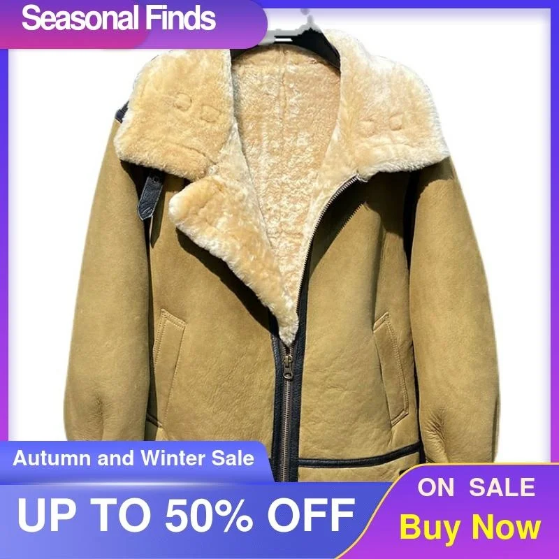 

Light 2021 Brown Genuine Shearling Coat Military Style Plus Size 5XL Real Natural Sheepskin Russian Winter Warm B3 Bomber Jacket