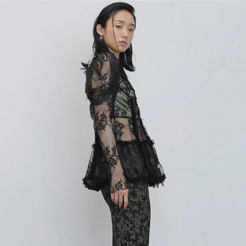 

[EAM] Women Black Lace Perepctive Temperament T-shirt New Round Neck Long Puff Sleeve Fashion Tide Spring Summer 2021 1U569