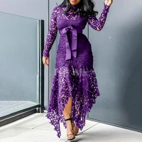 2022 vintage purple lace hollow long sleeve irregular dress elegant office lady party dress women fashion clothes