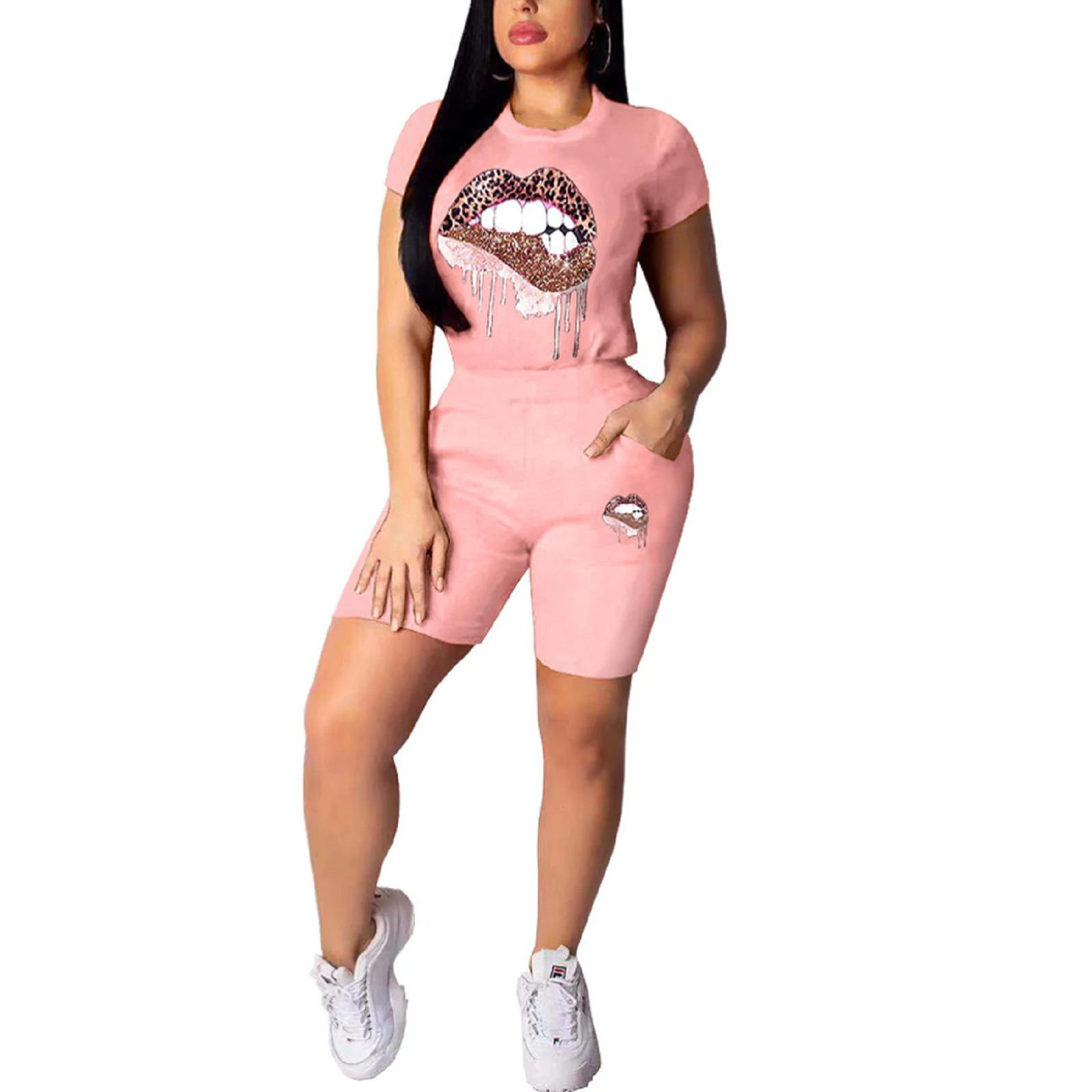 

Summer Women 2Pcs Sports Clothes Set Leopard Lips Printed Short Sleeve T-shirt with Solid Color Tight Shorts Tracksuit Outfit