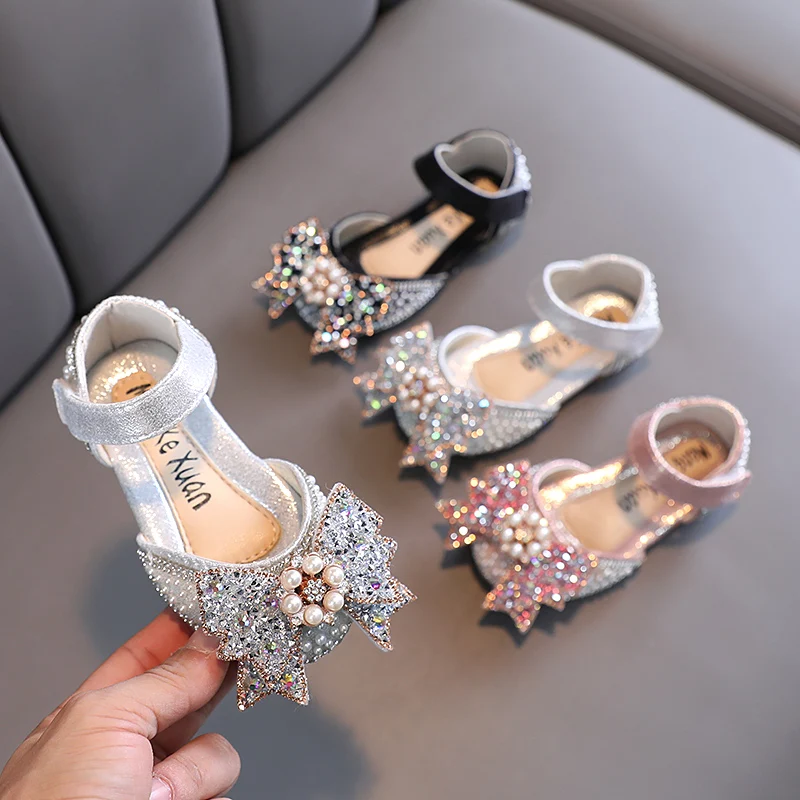 Kid's Single Shoes Girls 2022 Spring New Rhinestone Bow Casual Shoe Children's Soft-soled Shoes Princess Baby Shoes Pink