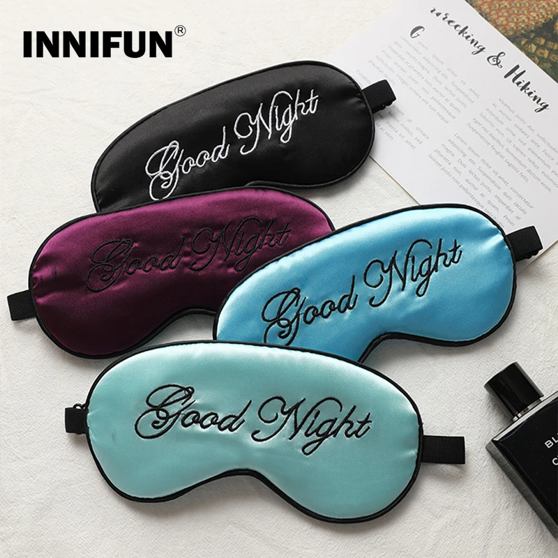 

Embroidered Silk Sleep Mask Adjusting Button Travel Ventilation Sleeping Mask Good Night Pattern Eye Patches For Sleeping Aid