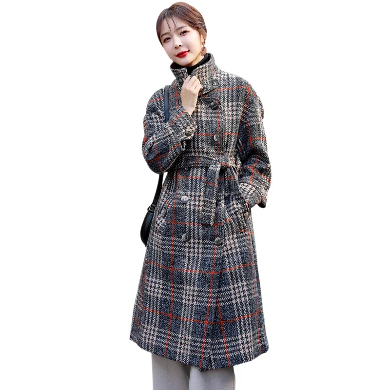 

2020 autumn and winter plaid belt loose fashion warmth retro mid-length woolen coat temperament was thin women's woolen coat