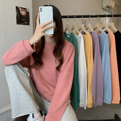 

Top women's long-sleeved pullover pure color wild short casual fashion spring and autumn sports short jacket