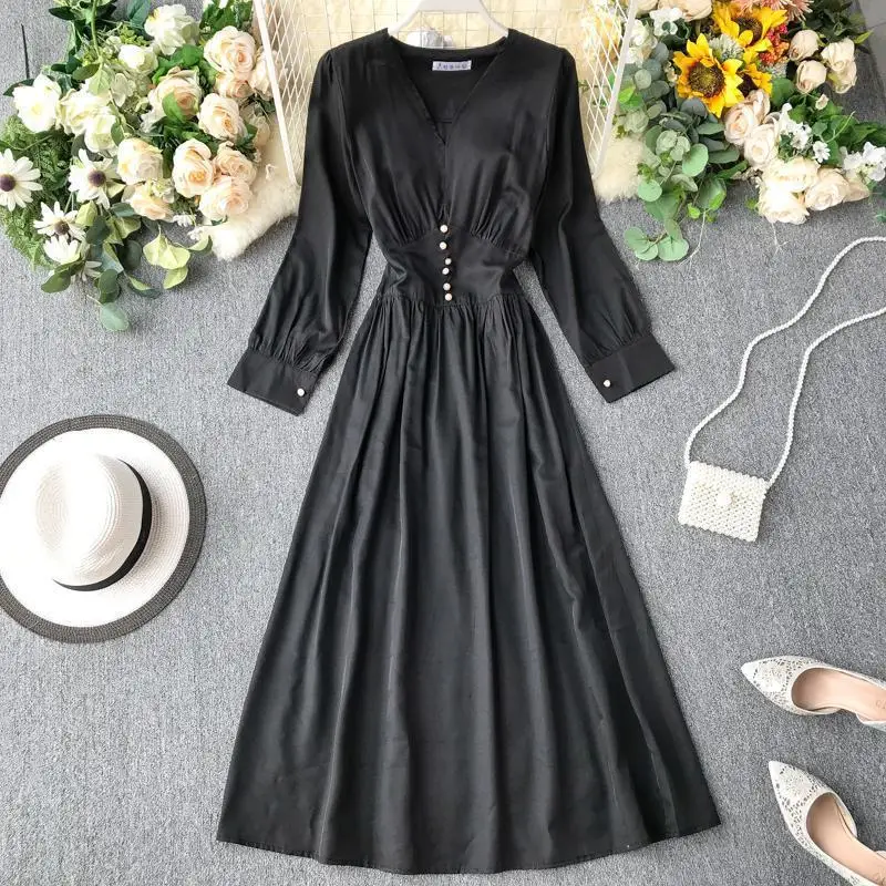 2019 Новое весенне осеннее винтажное платье женское тонкое с длинным рукавом v