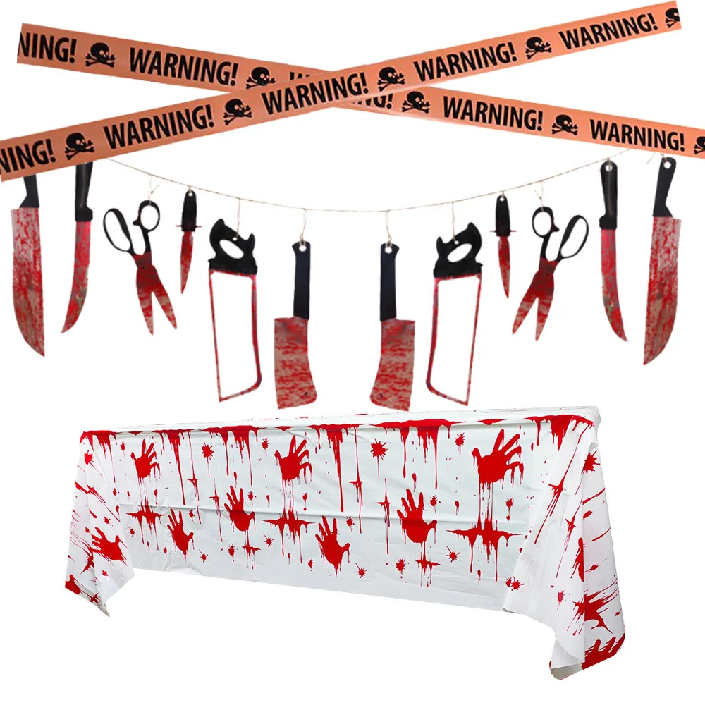 

Halloween Bloody Knife Hanging Garland Decorations Banner Blood Apron Tablecloth Handprints Window Stickers Halloween Decor