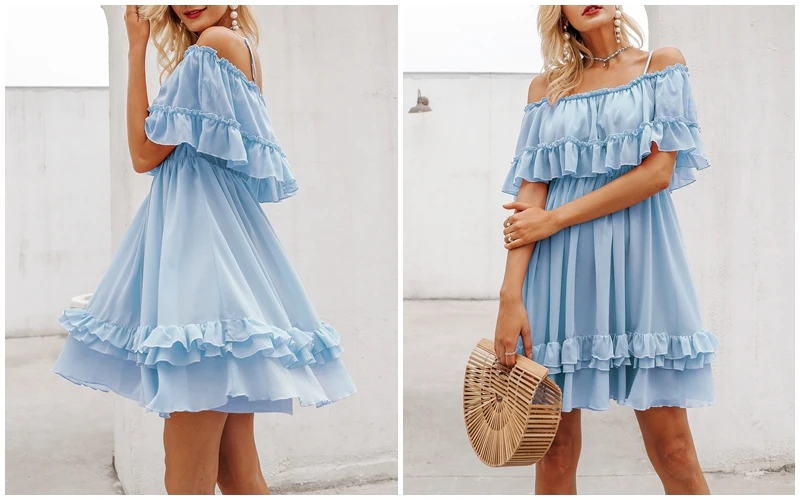 

Off Shoulder Strap Chiffon Summer Dresses Women Ruffle Pleated Short Dress Pink Elegant Holiday Loose Beach Mini Dress