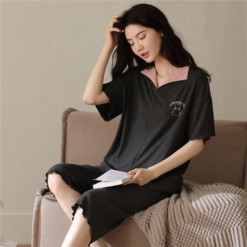 

Modal Cotton Short-sleeved Trousers Pajamas Women 2021 Summer Simple and Loose Korean Home Service Two-piece Suit Kawaii Pajama