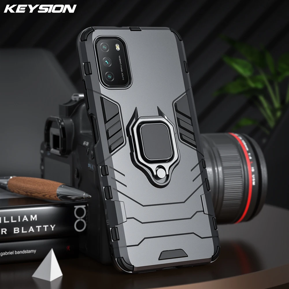 

KEYSION Shockproof Armor Case for Xiaomi POCO M3 Pro M2 F3 F2 Ring Stand Bumper Silicone Phone Back Cover for POCO X3 NFC X3 Pro