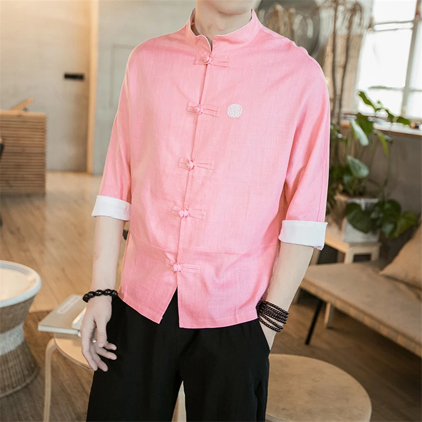 

2021 Tang Suit Short Sleeve Button Clothes Chinese Style Casual Linen Shirt Men Kungfu Tops Vintage Solid Streetwear Embroidery