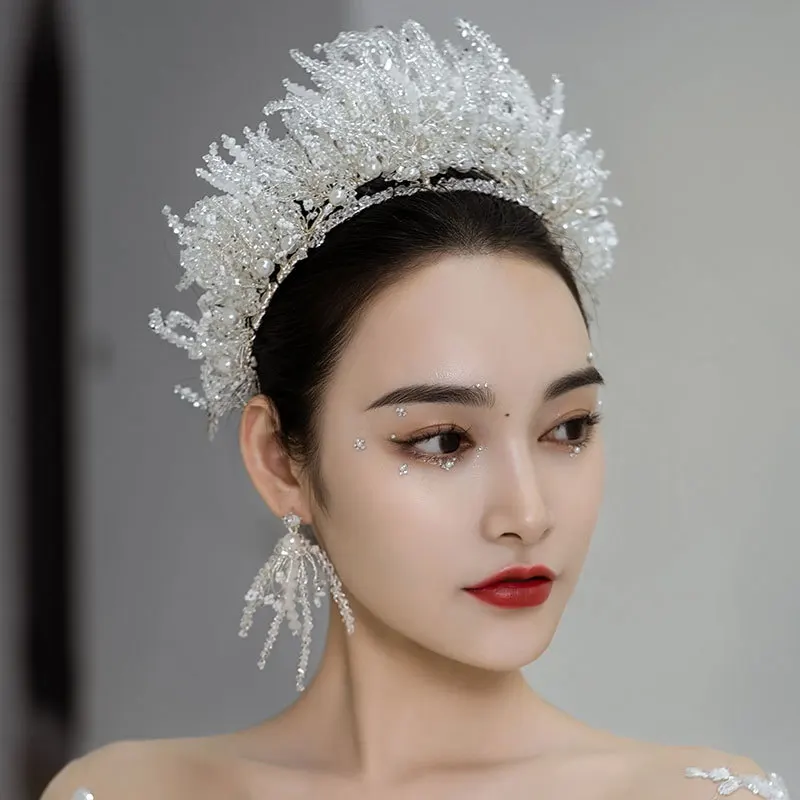 

Bride's Wedding Tiara Super Fairy Beaded Hair Hoop Atmospheric Pearl Crown Wedding White Yarn Accessories
