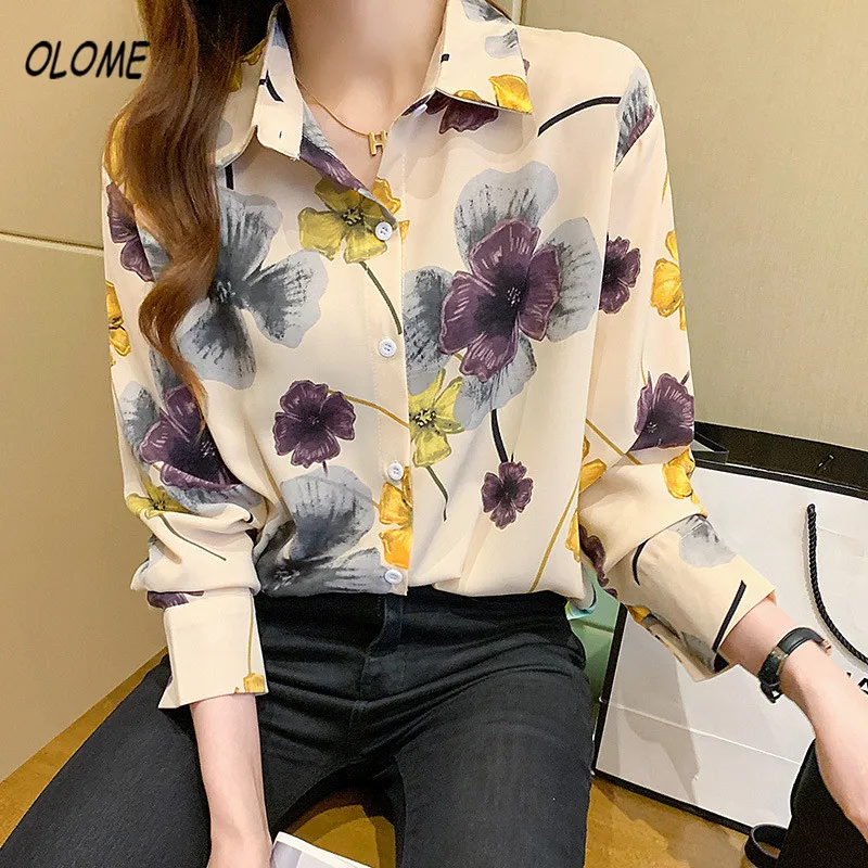 

Women Loose Chiffon Blouses Fashion Flower Print Long Sleeve Turn Down Collar Women's Shirt Female Tops Blusas Mujer Tunic