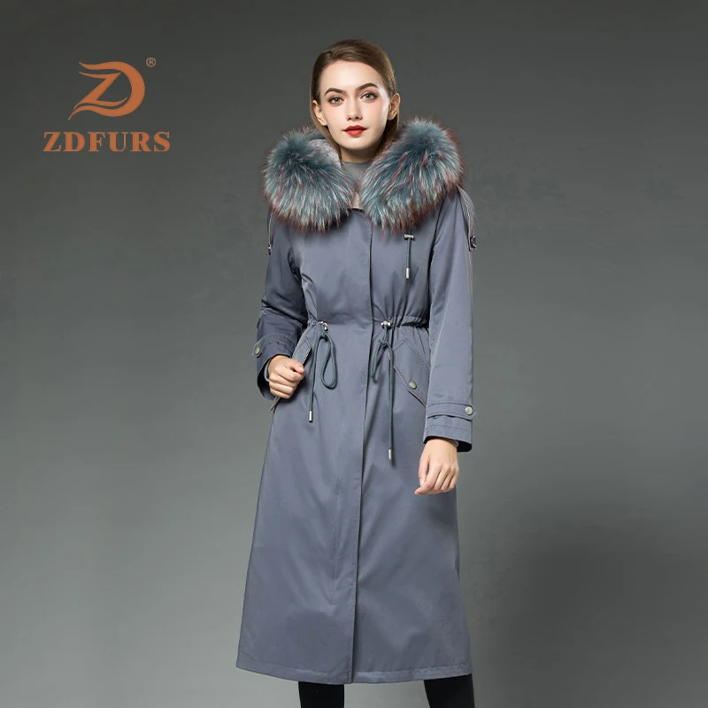 ZDFURS* Женская парка из меха кролика рекс с мехом енота с капюшоном зимний помпон из натурального меха длинная стильная ветрозащитная модная куртка