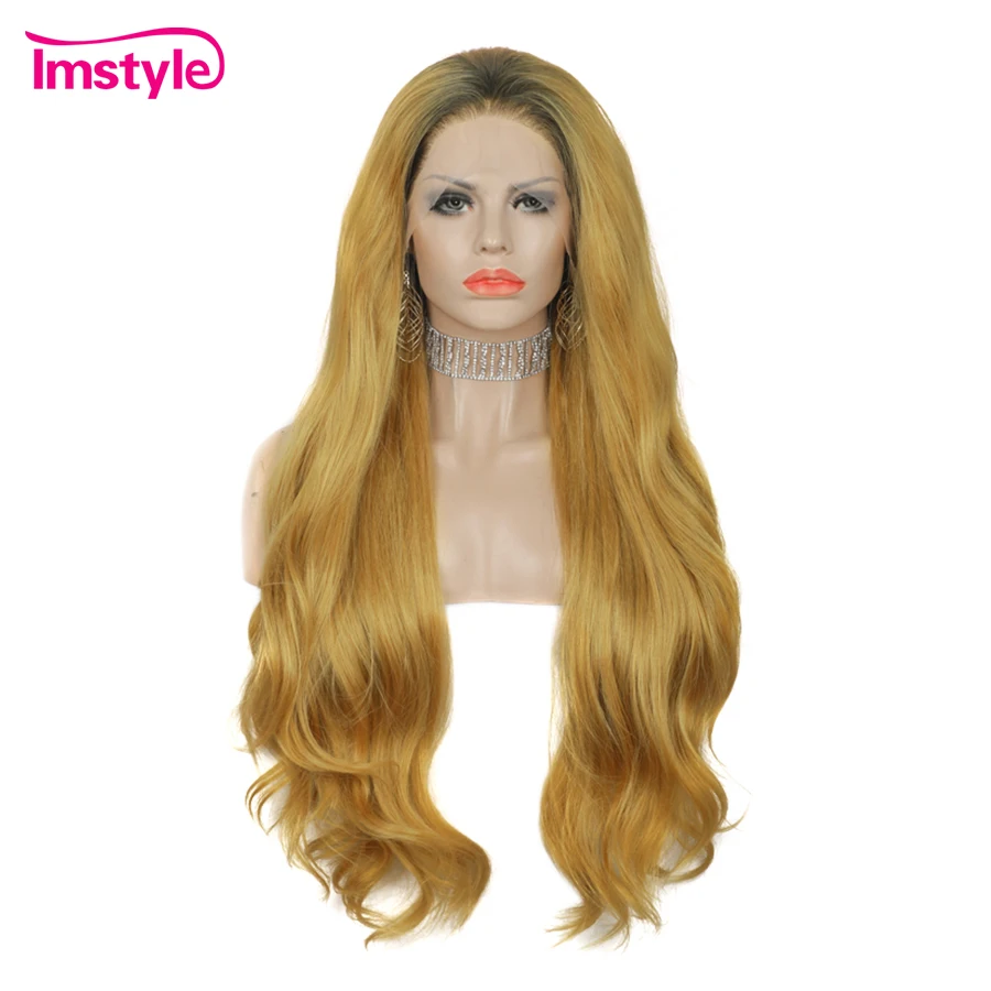 

Imstyle Blonde Golden Wig Synthetic Lace Front Wig For Women Heat Resistant Fiber Dark Root Natural Wavy Long Wig Cosplay