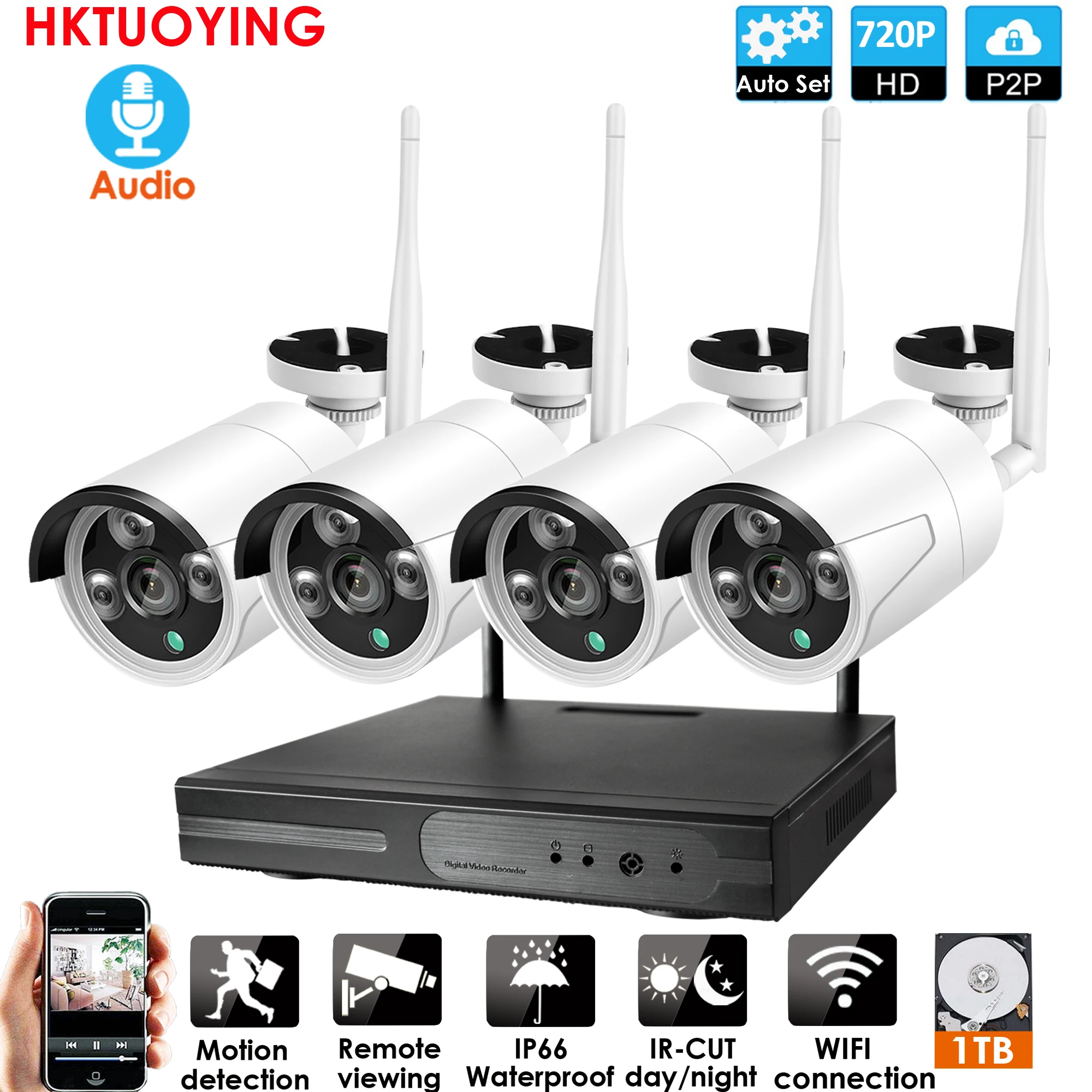 Система видеонаблюдения 4 канала 1080 пикселей HD аудио NVR P2P 720 пикселей|Система