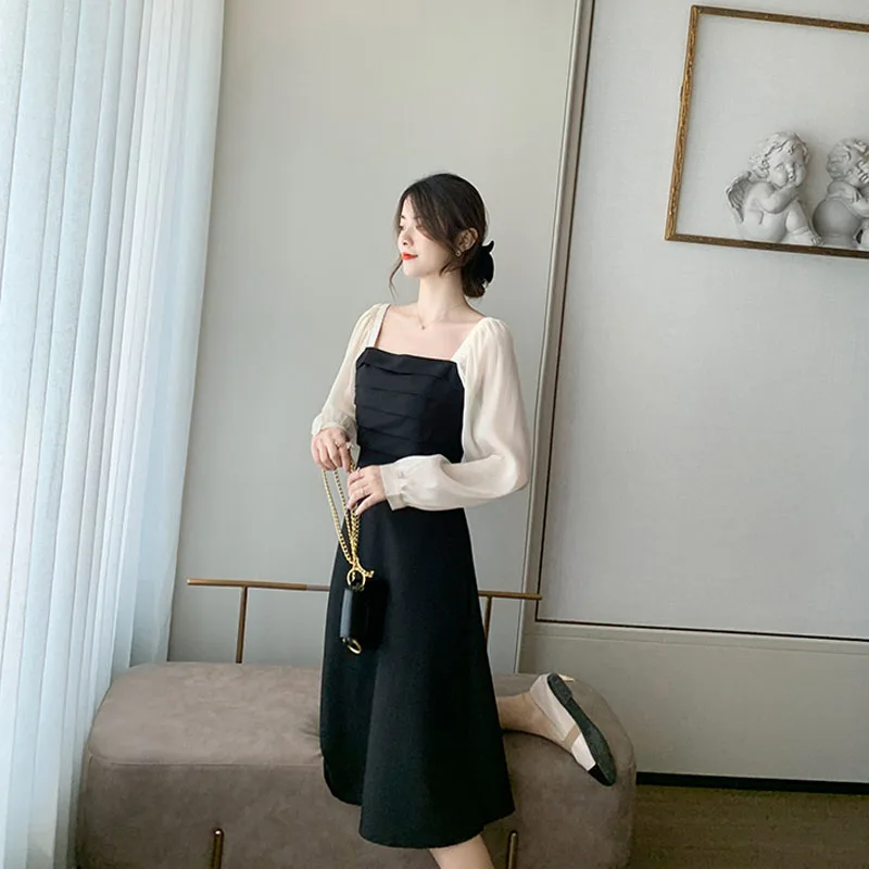 

Women One-Piece Dress Harajuku Patchwork Korean Style Spring Long Sleeve Chiffon Lurex Elegant Ladies Dresses Party 2021 New