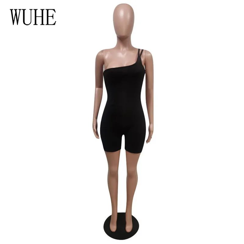

WUHE Irregular One Shoulder Backless Short Jumpsuits Women Summer Bodysuit Ribbed High Elasticity Fitness Sports Romper Outfits