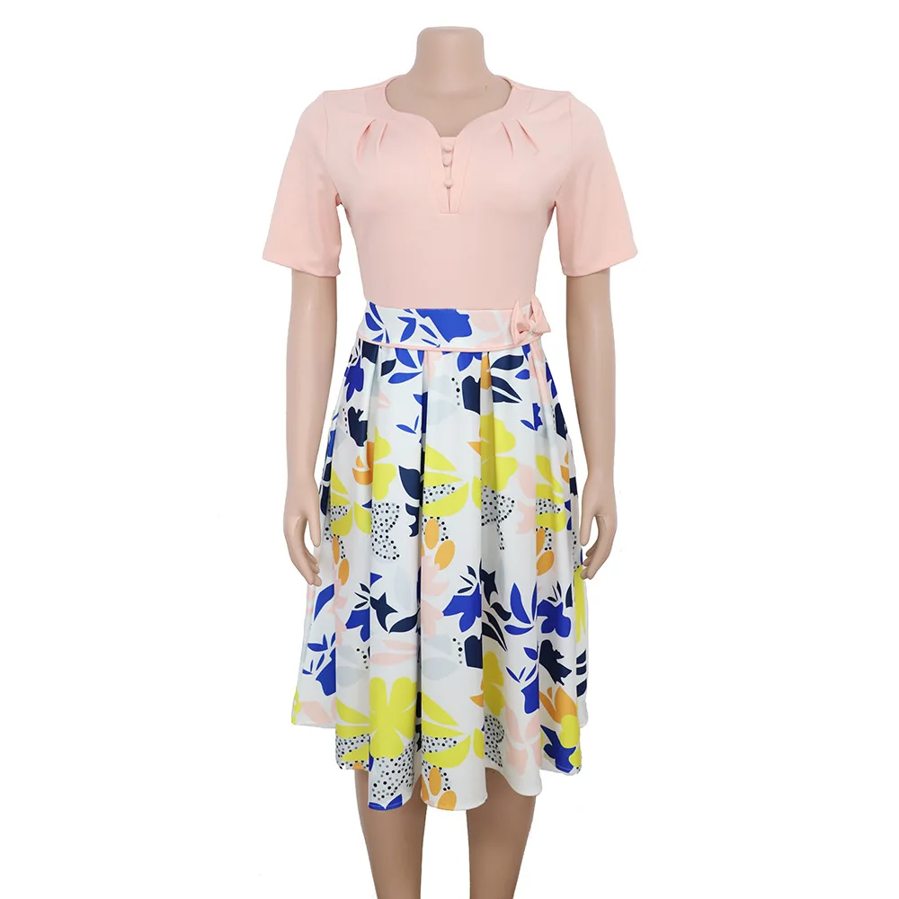 Cross-Border Amazon 2021 Summer New Style Printed Expandable Bow Dress Plus-sized Mama Africa Women's Clothing | Женская одежда