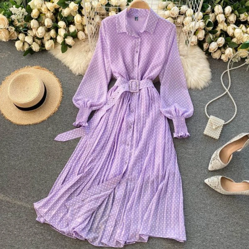 

Women Polka Dot Autumn Maxi Dresses 2021 Chiffon Summer Vintage Casual Loose Midi Sundress Sashes Long Sleeve Midi Vestido Robe