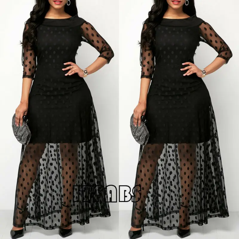 Женское Сетчатое Черное длинное платье в горошек летние Макси-платья с открытыми