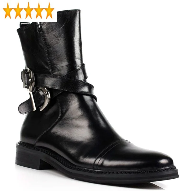 

Business Top Men Genuine High Leather Shoes England Style Buckle Side Zip Pointed Toe Quality Dress Boots 38-44