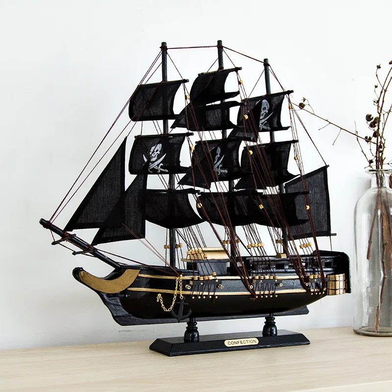 

50cm Solid Wood Pirate Ship Mediterranean Sailing Model Wooden Crafts European Ornament Boat Manual Craft Accessories Home Decor