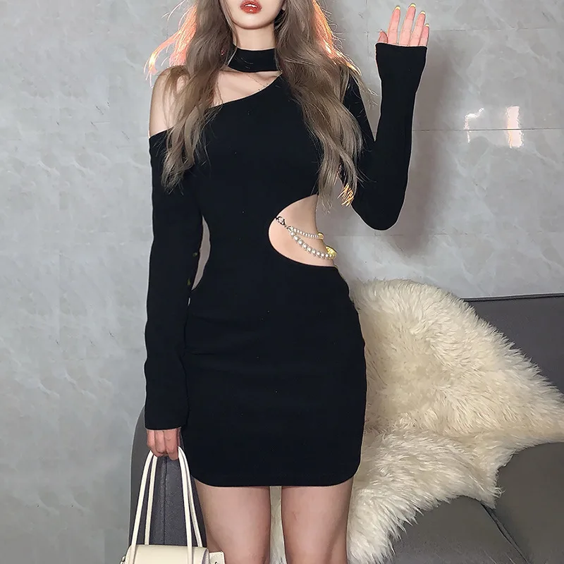

Fall New Women's Solid Color Slim High Waist Fashion Irregular Hollow Dress