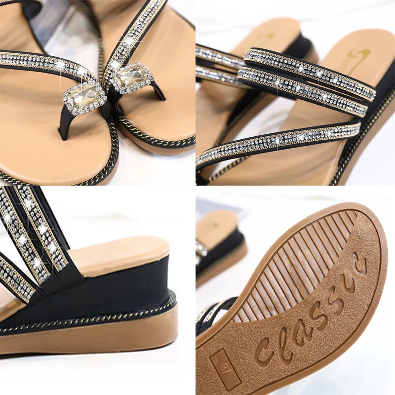 

Elegant Rhinestone Open Toes Hollow Out Wedges Slides Sexy Summer Designer Slippers 2021Fashion Non-Slip Outside Sandals