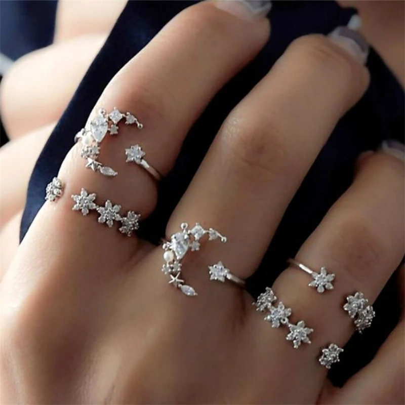 

Vintage Star Moon Rings Set 5Pcs/Set Joint Ring For Women Crystal Star Crescent Geometric Finger Rings Jewelry