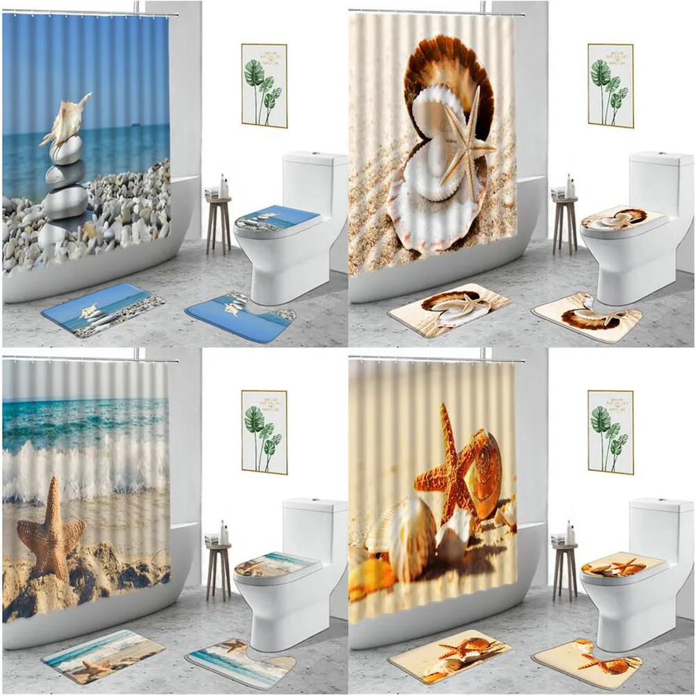 

Beach Scenery Shower Curtain Starfish Shell Stone Tower 3D Background Bathroom Decor Curtains Set Non-Slip Bath Mat Toilet Cover