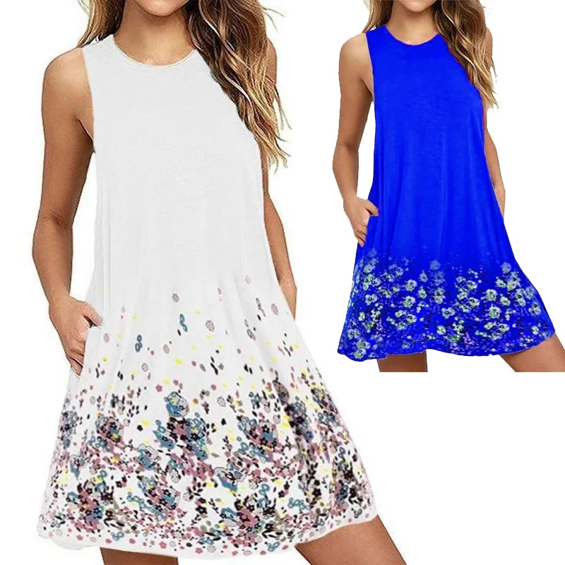 

Summer Women Round Collar Sleeveless Printed Vest Sexy Dress Fashion Casual Loose Large Size Beach Dress Party Dress