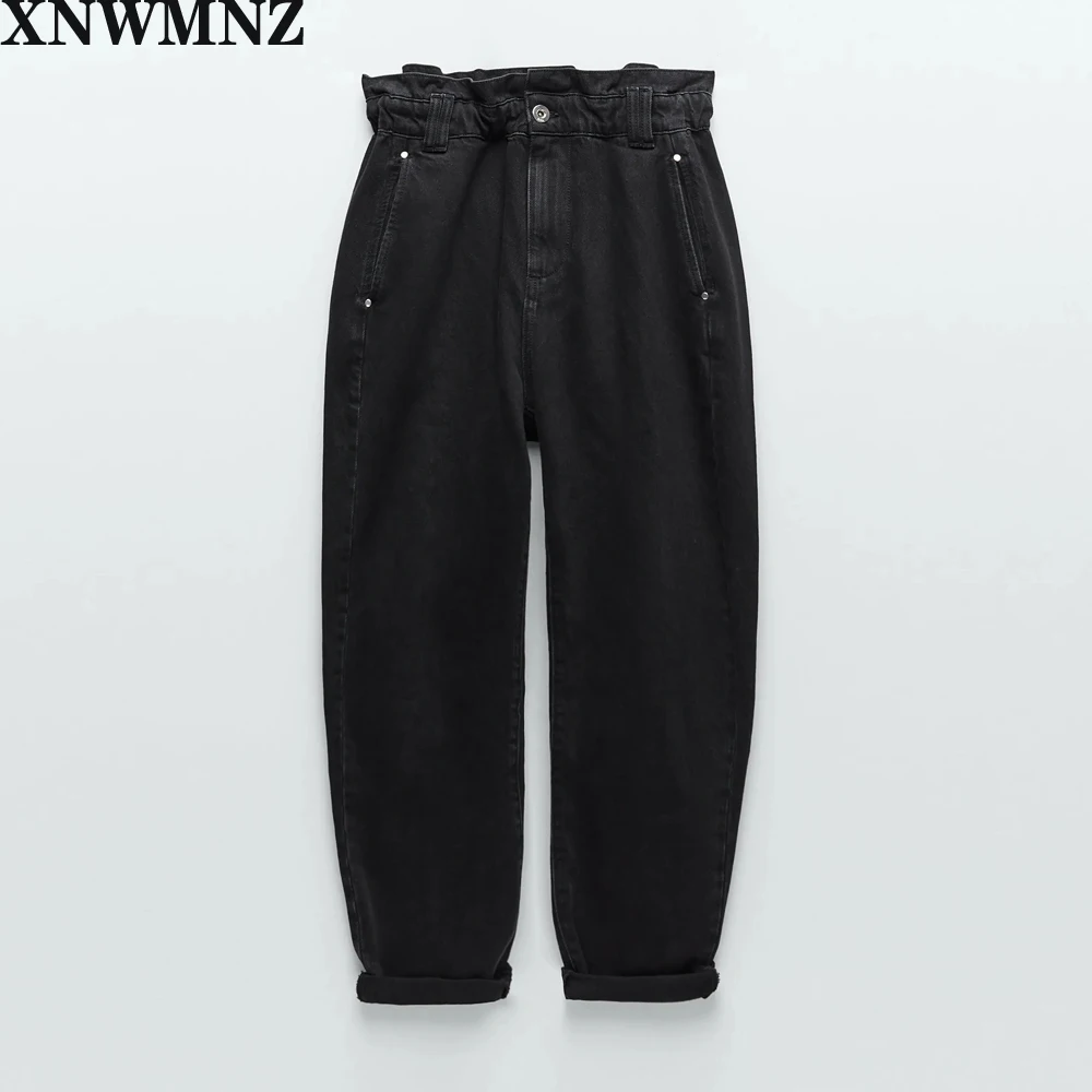 Xnwmnz mulheres baggy paperbag cintura alta calças de brim cintura elástica frente bolsos zip frente metal botão superior calças femininas alta qualidade