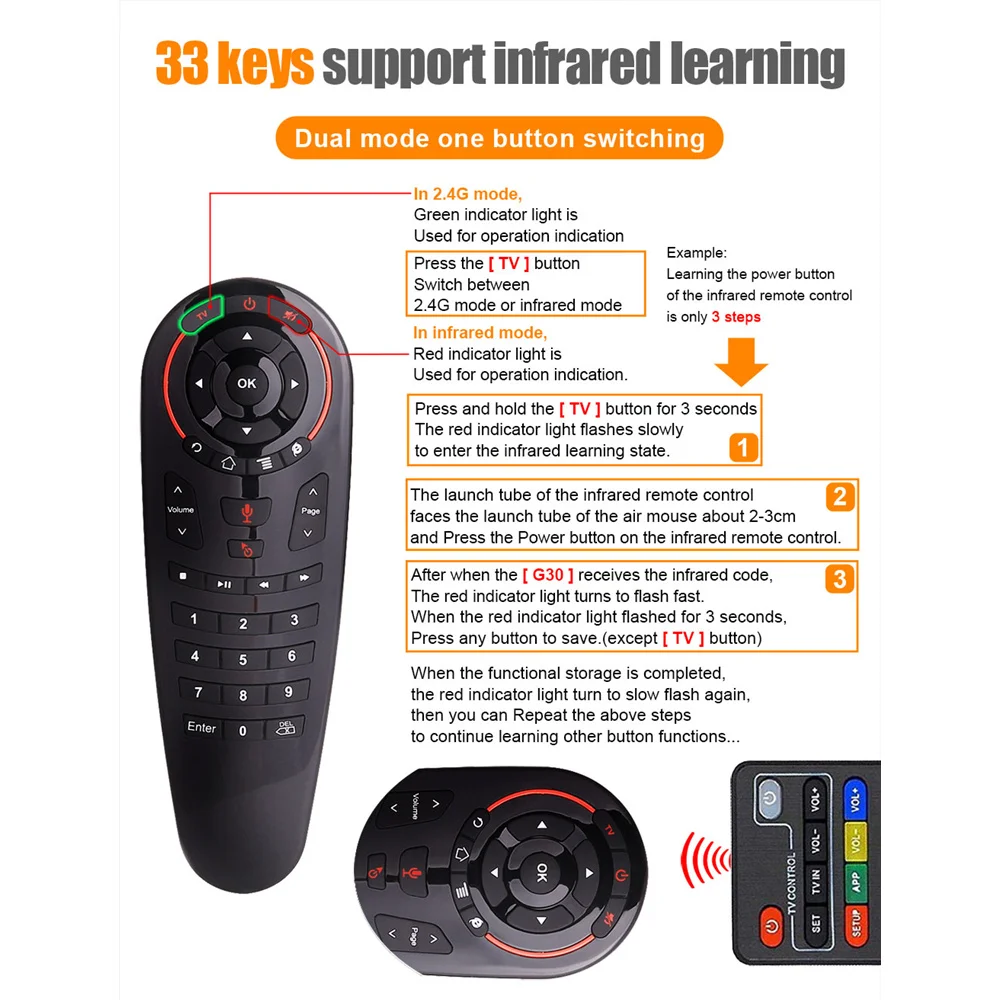 5pcs/lot G30S Voice Air Mouse Remote Control Wholesale Price 2.4G Wireless 33 Key IR Learning RC For LG Smart Android TV BOX | Электроника