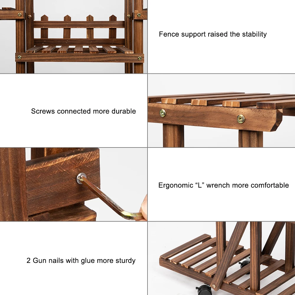 

(Ships From USA) New Arrival Garden 6-Story 11-Seat Indoor And Outdoor Multi-Function Carbonized Ribbon Wheel Wooden Plant Stand